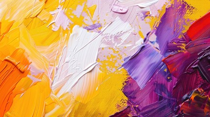 Abstract yellow and purple background with white brush strokes, textured canvas, and visible palette knife marks. It features an array of bright colors