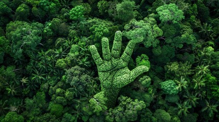 Aerial view of an ancient forest, where the trees form and shape into hands holding up a fist made from green leaves, symbolizing environmental action and unity in wildlife conservation - obrazy, fototapety, plakaty
