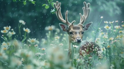 Young deer peeking from behind a veil of morning mist, antlers adorned with dewy flowers