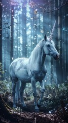 Obraz na płótnie Canvas In the heart of the enchanted forest, a unicorn with a sparkling horn stands majestic, surrounded by a mystical aura, captivating all creatures nearby no dust