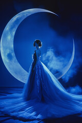 Woman in blue gown against crescent moon