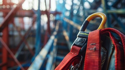 Closeup of a safety harness clasped securely, with the blur of high steel construction in the background hyper realistic