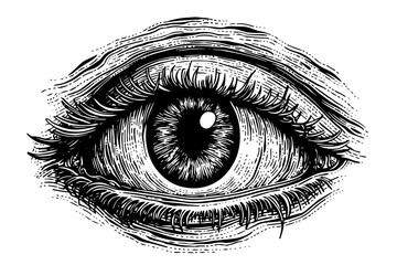 Vintage Hand-Drawn Eye Anatomy: Engraved Illustration of Human Eyeball with Iris and Focus, Retro Design Element