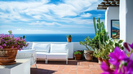 beautiful terrace with white furniture overlooking the sea, cacti and flowers in pots