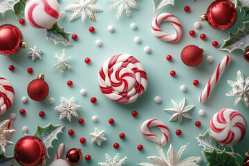 3D Festive christmas design with Christmas Ornaments, Candy Cane and christmas ball