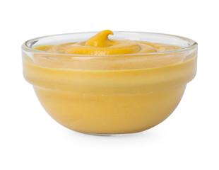 Fresh tasty mustard sauce in bowl isolated on white