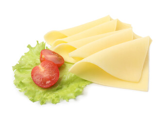 Slices of tasty fresh cheese, tomatoes and lettuce isolated on white