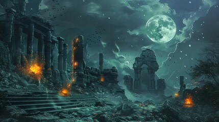 Beneath the moonlit sky, the ruins lie silent, and the Chimeras fire gaze sweeps across the stones, a guardian of the ancient and the mysterious no dust - obrazy, fototapety, plakaty