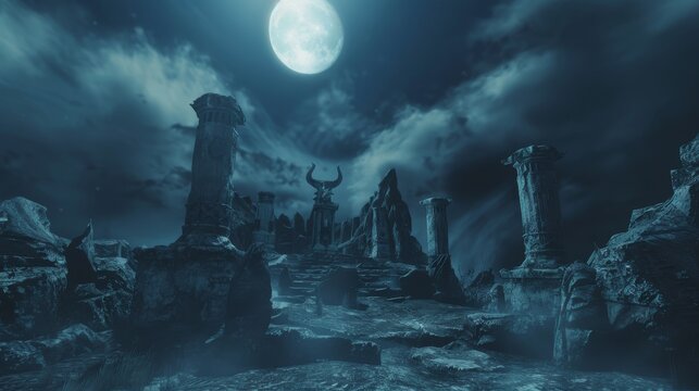 Beneath the moonlit sky, the ruins lie silent, and the Chimeras fire gaze sweeps across the stones, a guardian of the ancient and the mysterious no dust