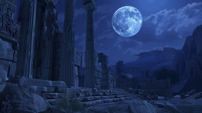 Beneath the moonlit sky, the ruins lie silent, and the Chimeras fire gaze sweeps across the stones, a guardian of the ancient and the mysterious no dust