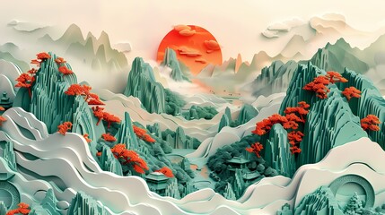 Traditional red sun landscape illustration poster background decorative painting - obrazy, fototapety, plakaty