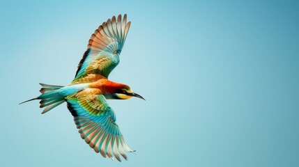 A vibrant bird midflight, wings flapping energetically, showcasing its tapered tail and a spectrum of colorful feathers against a clear blue sky low noise