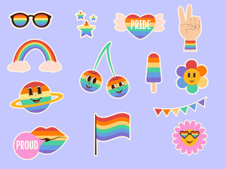 LGBTQ community sticker pack. Pride mounts rainbow color element collection
