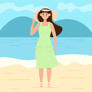 Summer time card with woman on the beach