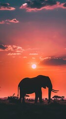 Fototapeta na wymiar A solitary elephant silhouetted against a setting sun, its trunk lifted high in a gesture of peace, tusks outlined against the fading light low noise
