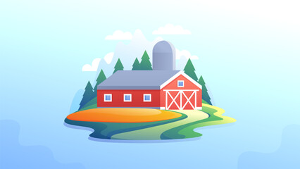 American farm isolated logo. Silo with red barn near the field illustration.