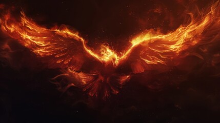 A phoenix rising from its ashes, fiery plumage illuminating the darkness, a symbol of rebirth and eternal life low noise - obrazy, fototapety, plakaty
