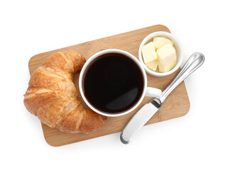 Fresh croissant, butter and coffee isolated on white, top view. Tasty breakfast
