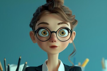 Cartoon Woman in Glasses With Ponytail Gazing at Camera