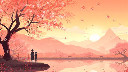 Sakura time in japan, dreamy image and pink tones, peace and tranquility