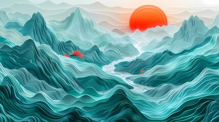 Traditional red sun landscape illustration poster background decorative painting - obrazy, fototapety, plakaty