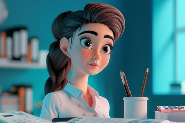 Cartoon Woman Sitting at Desk With Cup of Pencils