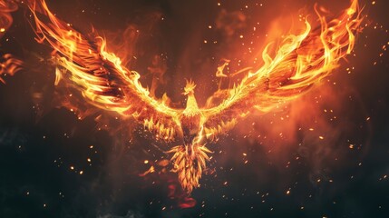 A phoenix rising from its ashes, fiery plumage illuminating the darkness, a symbol of rebirth and eternal life low noise - obrazy, fototapety, plakaty