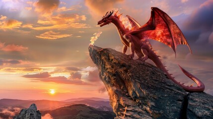 A majestic dragon perched atop an ancient crag, flames dancing from its jaws, scaled wings unfurled against a backdrop of myths and legends no dust - obrazy, fototapety, plakaty