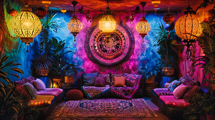 Fototapeta premium Richly Decorated Interior with Traditional Moroccan Art and Textiles, Showcasing Cultural Elegance and Style