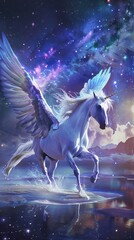 A Pegasus, bearer of dreams, embarks on a celestial flight, its starlit mane reflecting the universes glow, guided by the ancient whispers of the wind hyper realistic