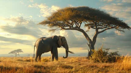 A massive elephant standing majestically in the savannah, its long trunk gracefully reaching for the leaves of a tall tree, tusks gleaming in the sunlight no dust - obrazy, fototapety, plakaty