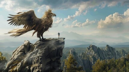 A Griffin stands atop a cliff, its majestic roar echoing through the valleys, feathered wings unfurled, a proud guardian of ancient lore low texture