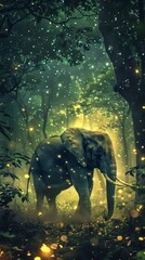 Fototapeta premium A gentle giant, the elephant moves gracefully through a forest lit by stars, each step rustling the leaves, as if in a tranquil dream no dust