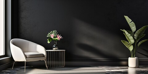 Modern living room with armchair,table, flower, and plant on a black wall background.