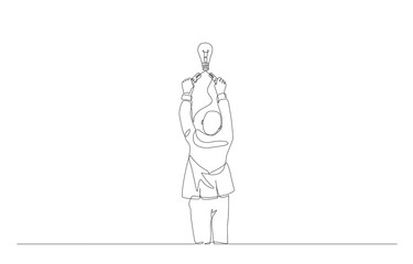 Fototapeta premium Continuous one line drawing of businessman using jump starter to light up light bulb, start new business idea concept, single line art.