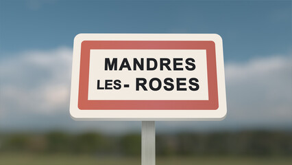 City sign of Mandres-les-Roses. Entrance of the town of Mandres les Roses in, Val-de-Marne, France. Panneau de Mandres-les-Roses.