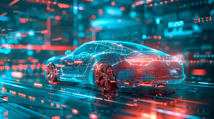 Image of a futuristic electric car with holographic wireframe digital technology background.