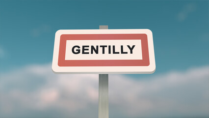 City sign of Gentilly. Entrance of the town of Gentilly in, Val-de-Marne, France. Panneau de...
