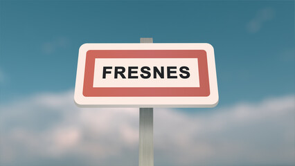 City sign of Fresnes. Entrance of the town of Fresnes in, Val-de-Marne, France. Panneau de Fresnes.