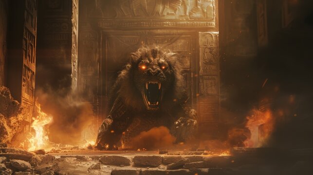 A Chimera, eyes flickering with flames, emerges from the darkness of ancient ruins, its presence a riddle wrapped in the mystery of bygone eras low texture