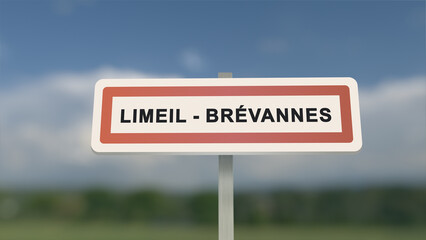 City sign of Limeil-Brévannes. Entrance of the town of Limeil Brévannes in, Val-de-Marne, France. Panneau de Limeil-Brévannes.