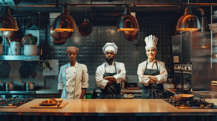 Team of three cooks in professional kitchen