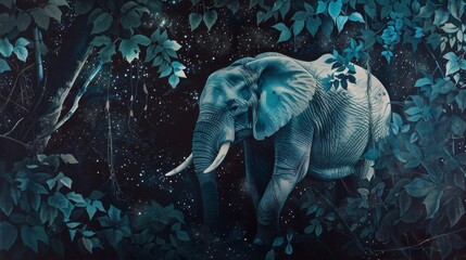 An elephant wandering under a canopy of whispering leaves, bathed in starlight, as if moving through a dream hyper realistic