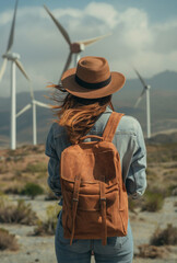 Fototapeta premium Young girl from the back, wearing hat and looking at windmills. Outdoor photoshoot. Raising awareness about eco-sustainable energy. Earth Day theme