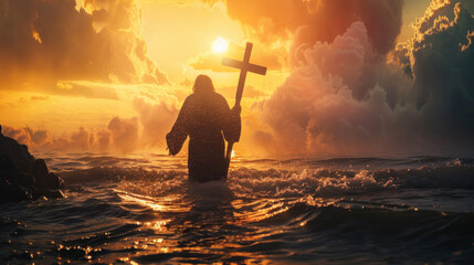 Jesus Christ walking on sea surface, magnificent sunset light