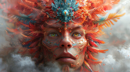 Fantastic, surreal, psychedelic deity with red feathers - obrazy, fototapety, plakaty