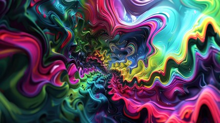 Generate an abstract digital art piece with swirling patterns of vibrant colors, reminiscent of psychedelic art and fractal designs.