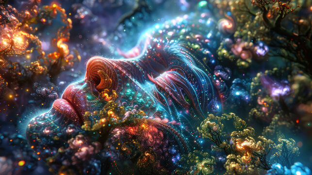 Fantastic, surreal, psychedelic deity with herbal motifs