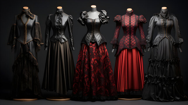Women's dresses on mannequins in gothic style on a dark background isolated. Halloween image concept. Subculture. Gothic