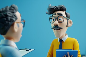 Cartoon Man With Fake Mustache Looking at Man With Clipboard